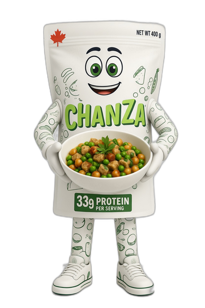 Chanza mascot holding a bowl of prepared food